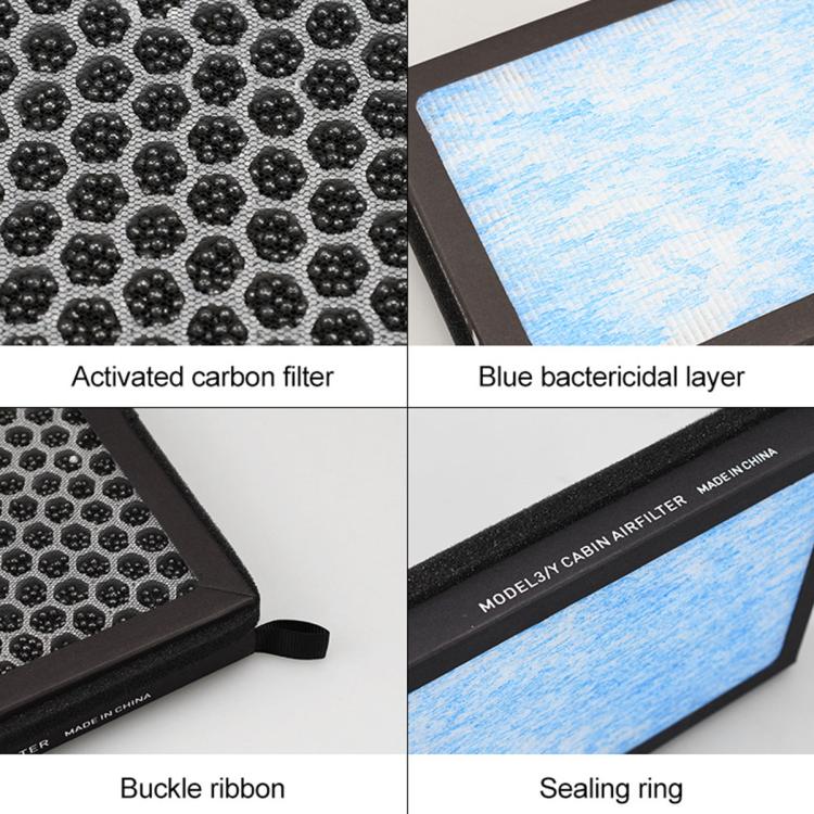 Close-up cabin air filter: carbon honeycomb mesh, blue layer, sealing ring, ties