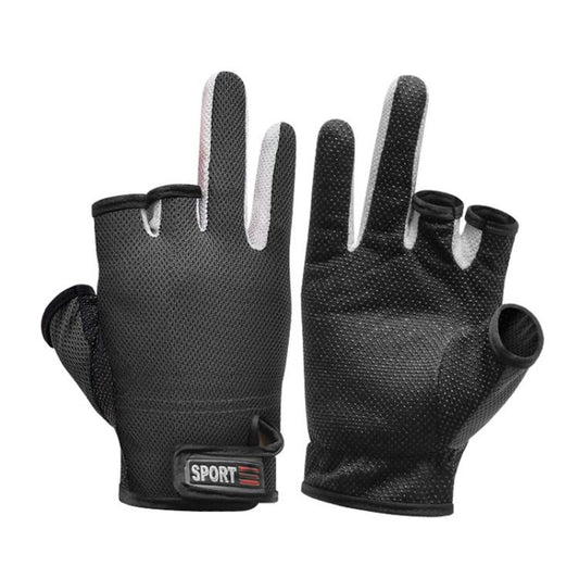 Black three-finger cut fishing gloves with anti-slip palm and SPORT patch