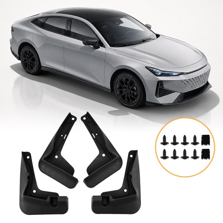 4-piece black car splash flap set with mounting holes, screws, and clips