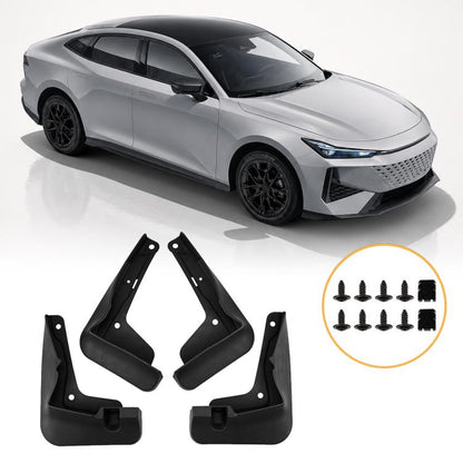 4-piece black car splash flap set with mounting holes, screws, and clips