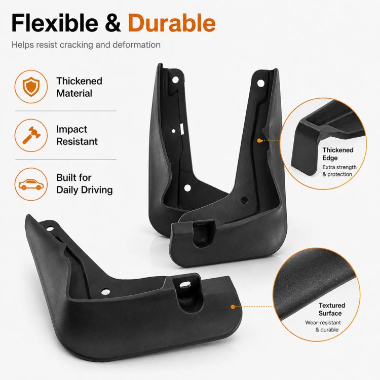 Black flexible splash flaps with textured surface and mounting holes, front and rear