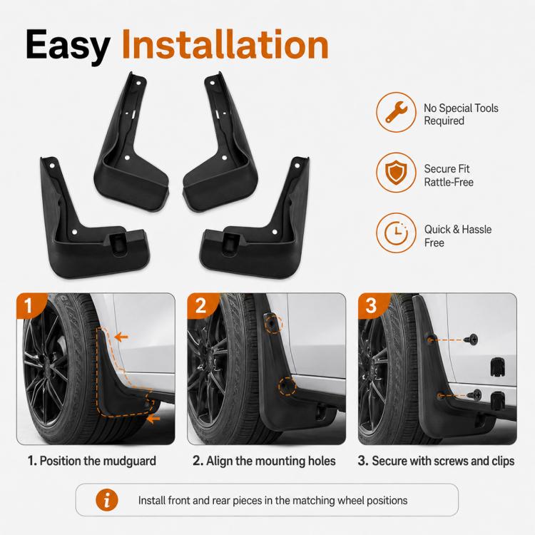 Set of black splash flaps with screw and clip attachment design for easy mounting