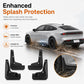 Black splash flap set for reduced road spray, molded guards with front and rear pieces