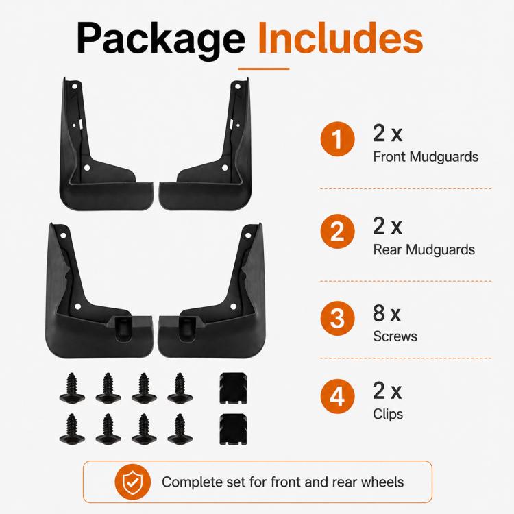 Package includes front and rear mudguards, screws, and clips for complete installation
