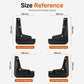 Mudguard size reference for front and rear splash flaps with measured dimensions