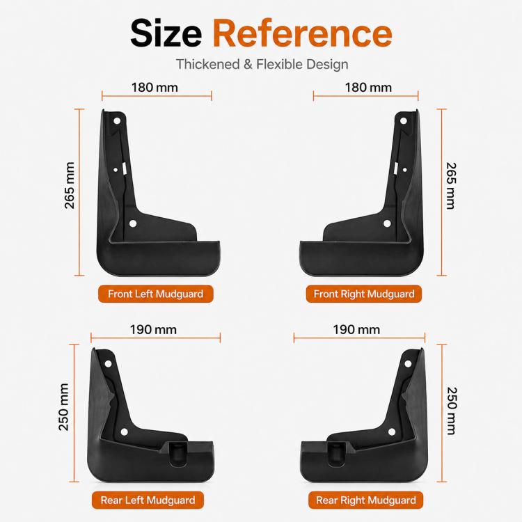 Mudguard size reference for front and rear splash flaps with measured dimensions