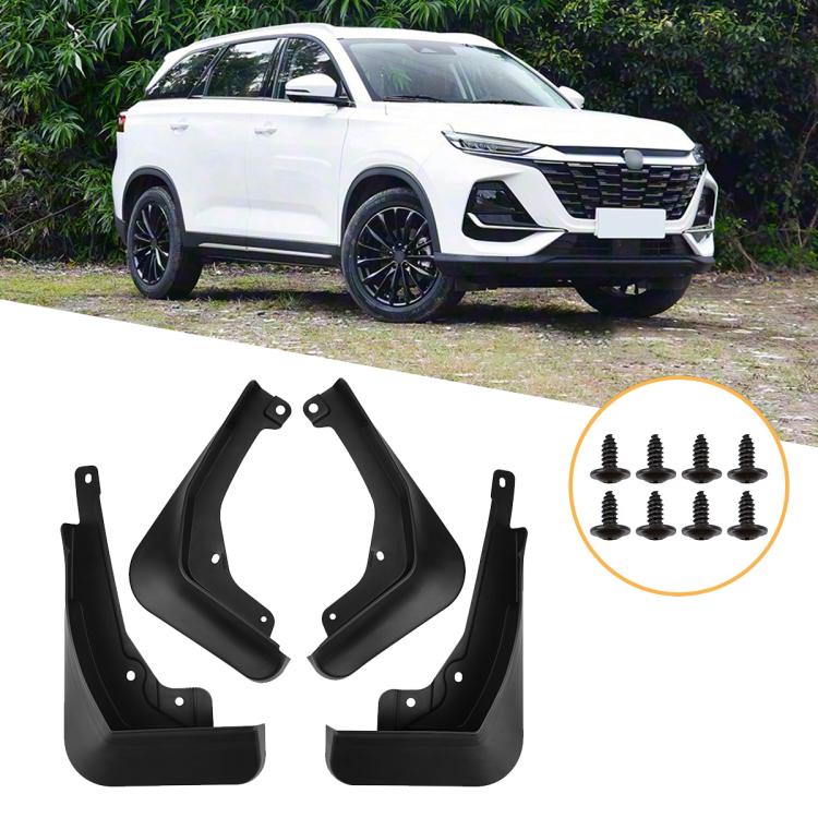 Set of four black wheel splash flaps with mounting holes and brackets