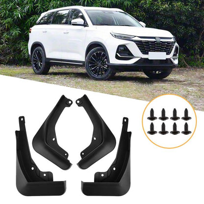 Set of four black wheel splash flaps with mounting holes and brackets
