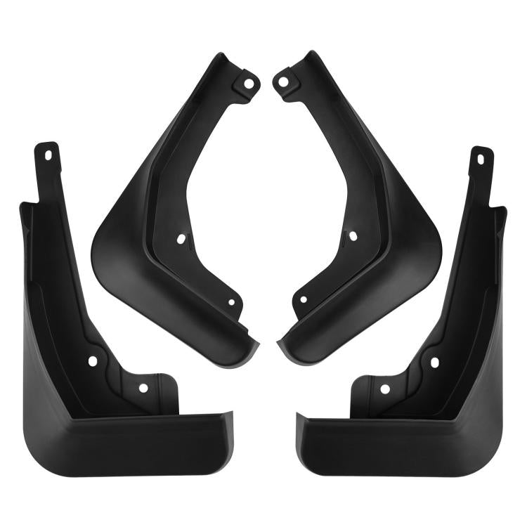 Four black molded mud flaps set, showing curved splash guard shapes