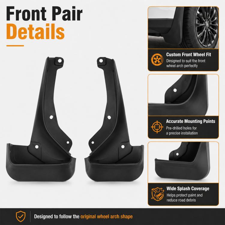 Front pair black splash flaps with mounting holes and curved wheel coverage