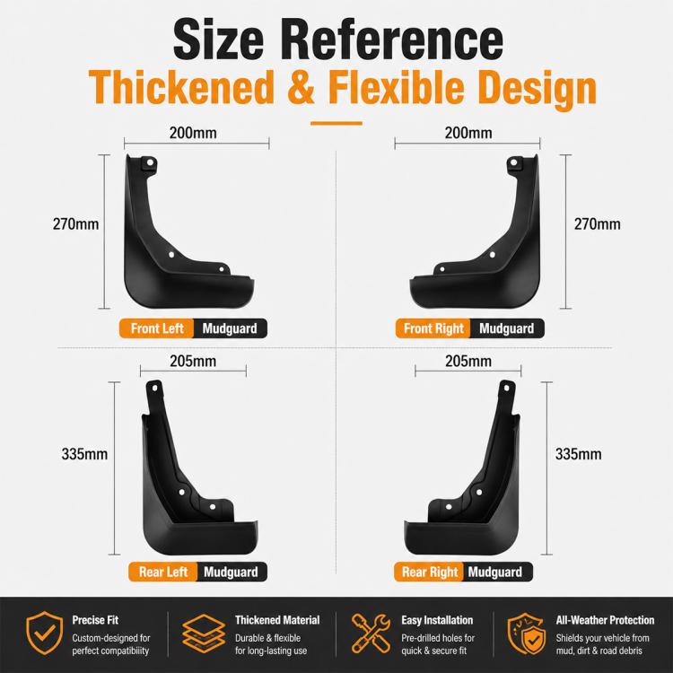 Four black mud flaps with front and rear size reference dimensions