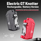 Electric fishing line knotter tool, showing dark gray and red portable units