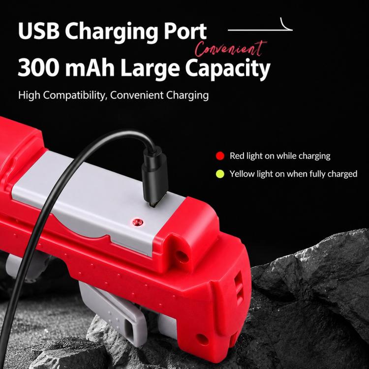 Red rechargeable fishing line knotter with USB charging port on top