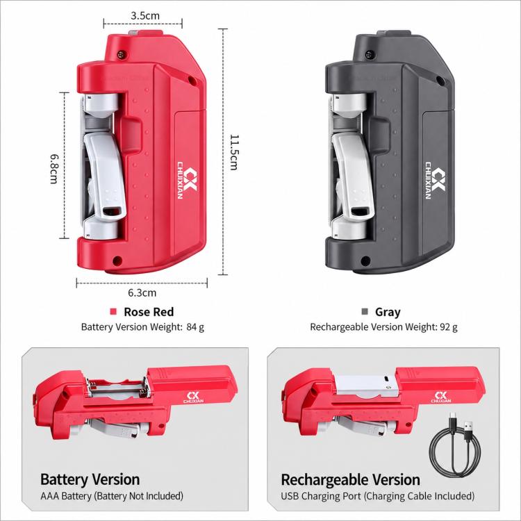 Electric fishing line knotter tool with size diagram for red and gray versions