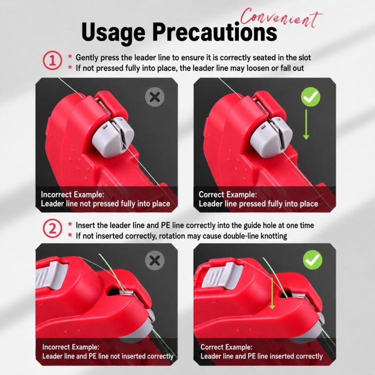 Red electric fishing line knotter with usage steps showing proper line insertion