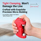 Red electric fishing line knotter held in a hand with line feed slot
