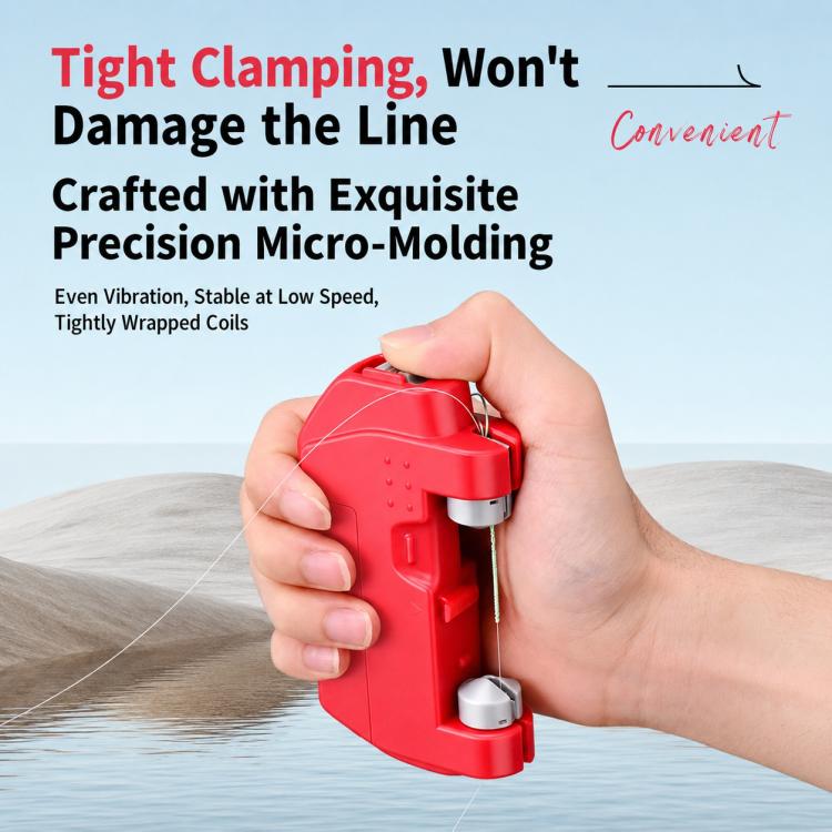 Red electric fishing line knotter held in a hand with line feed slot