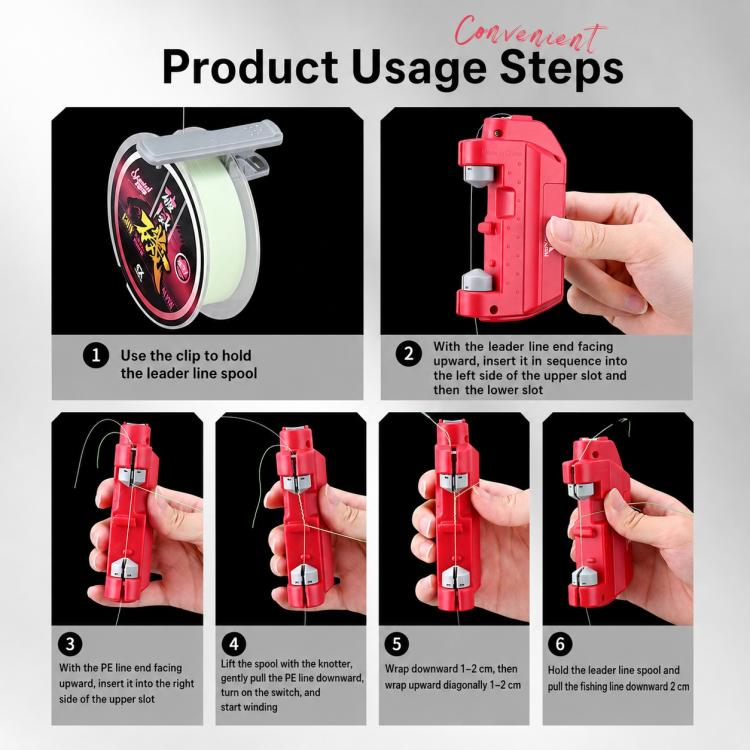 Red fishing line knotting tool shown in hand with leader line spool clips