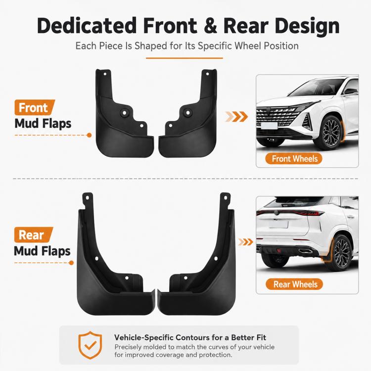 Front and rear black mud flap set, four pieces, molded for wheel openings