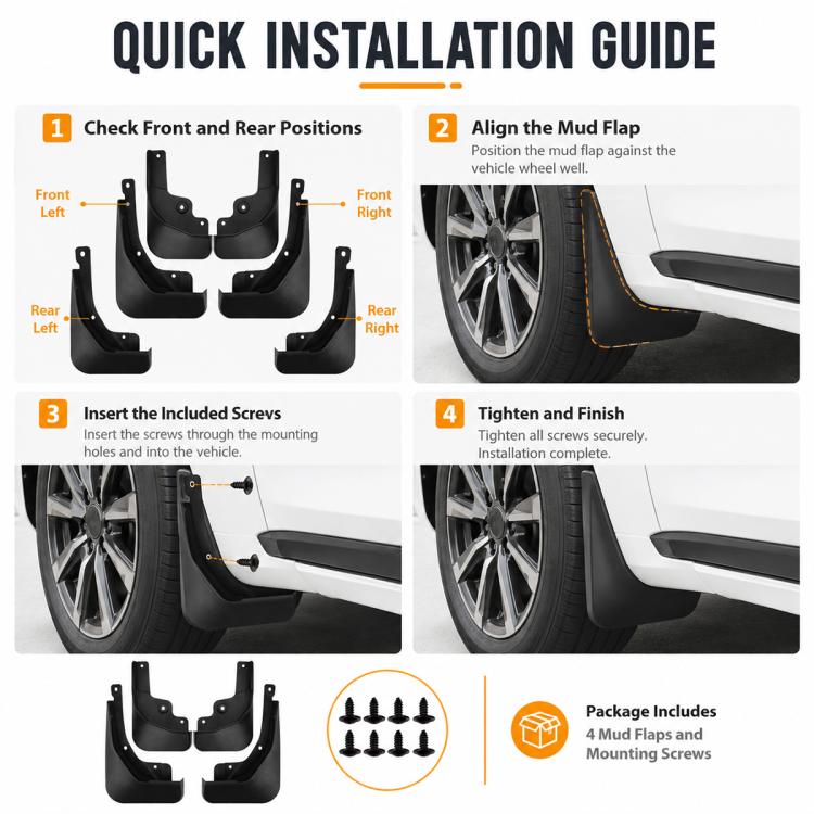Black mud flap set with screws and bracket holes for quick installation