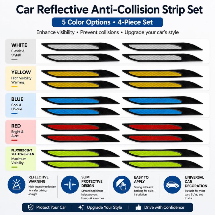 Reflective anti-collision strip set card showing 4-piece layout and five color options