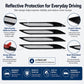 Reflective protection sticker set layout with close-up style view and 4-piece callout graphic