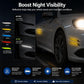 Reflective night-visibility protection strip set showing before and after car lighting effect