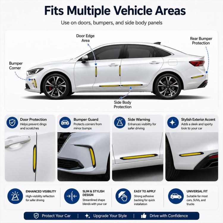 Reflective protection strip set infographic showing placement areas on car body panels