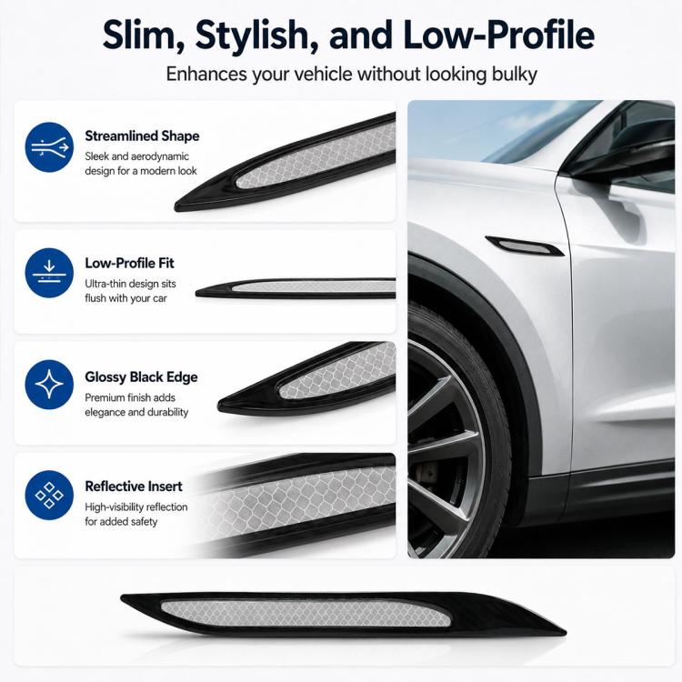 Slim low-profile reflective fender vent stickers with black edge and reflective insert