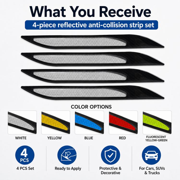 4-piece reflective anti-collision strip set with color options: white, yellow, blue, red