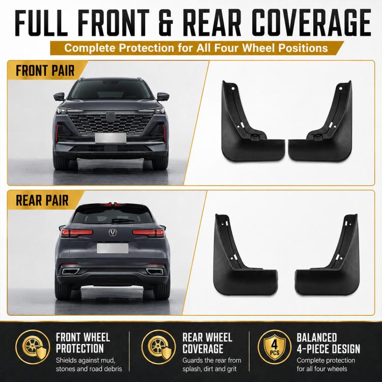 Front and rear black car splash flap set, four contoured fender guards