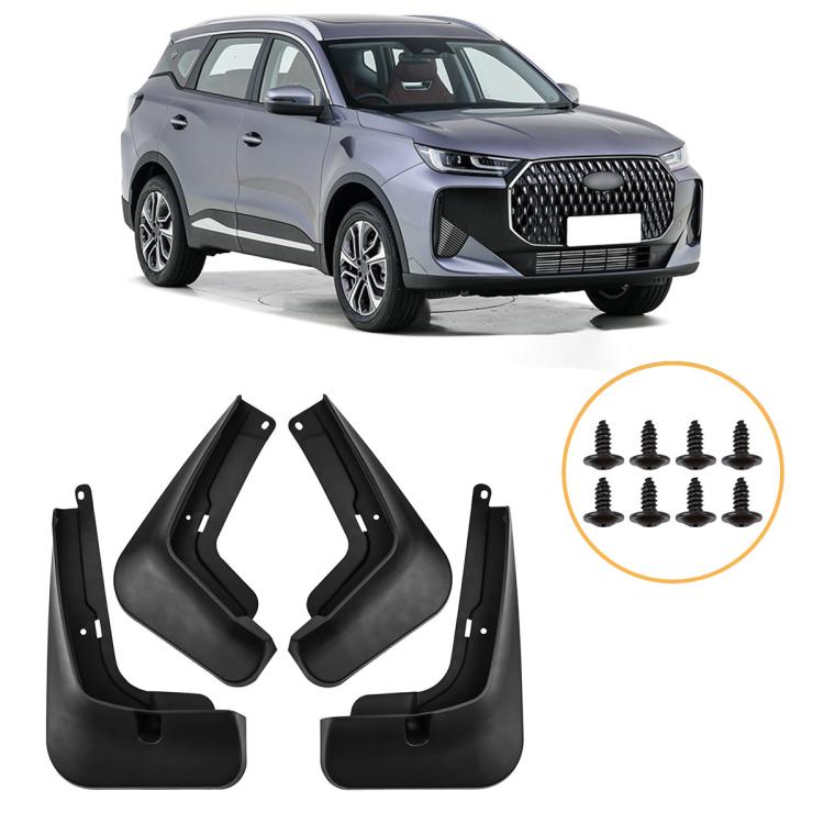 Set of four black car mud splash flaps with mounting screws, curved fender-guard design
