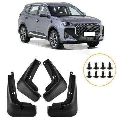 Set of four black car mud splash flaps with mounting screws, curved fender-guard design