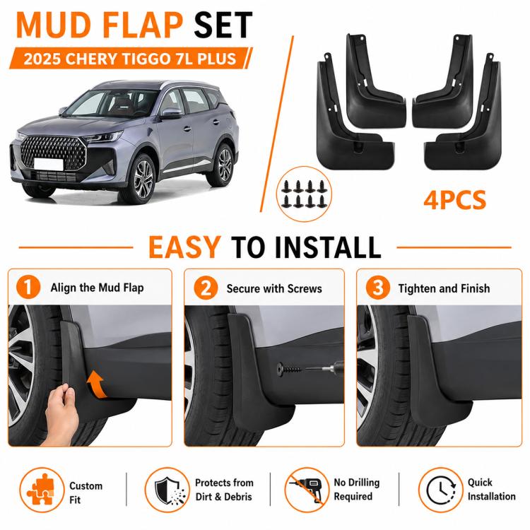 4-piece black mud flap set with mounting screws, curved fender guards