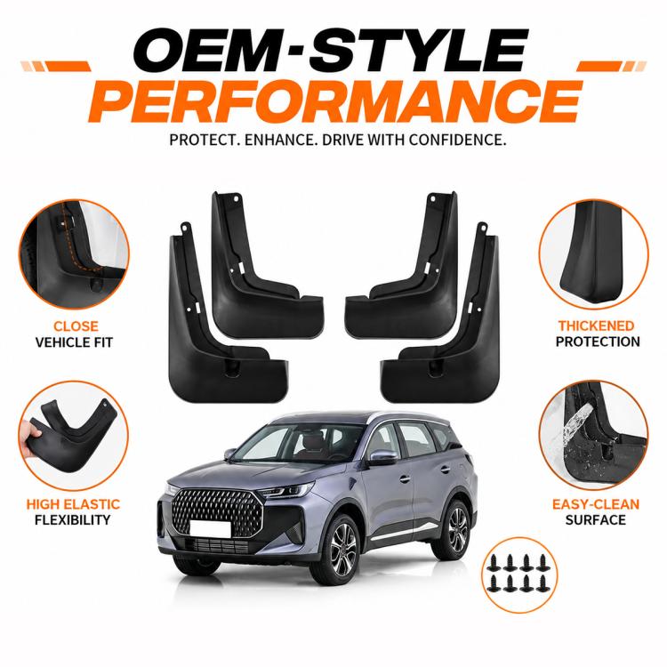 OEM-style black mud flap set with screw holes, four-piece curved splash guards