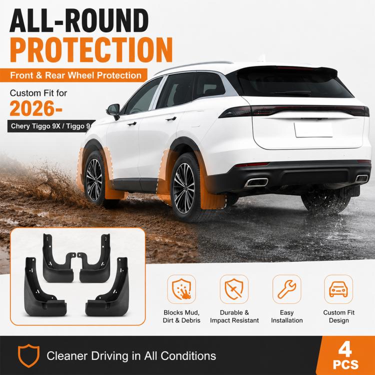 White SUV with black wheel splash flap mudguards installed, front and rear