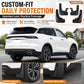 Black mud flap set on white SUV rear wheel area