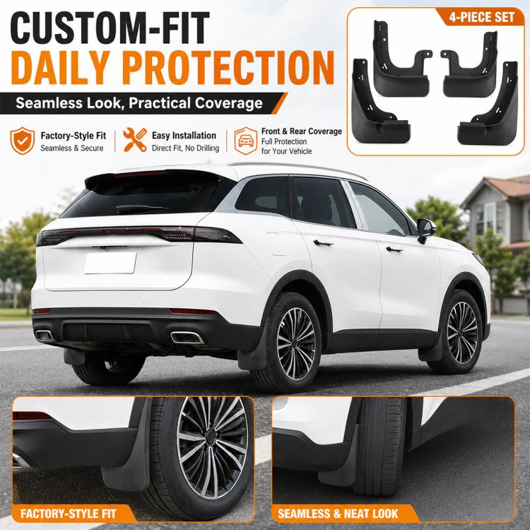 Black mud flap set on white SUV rear wheel area