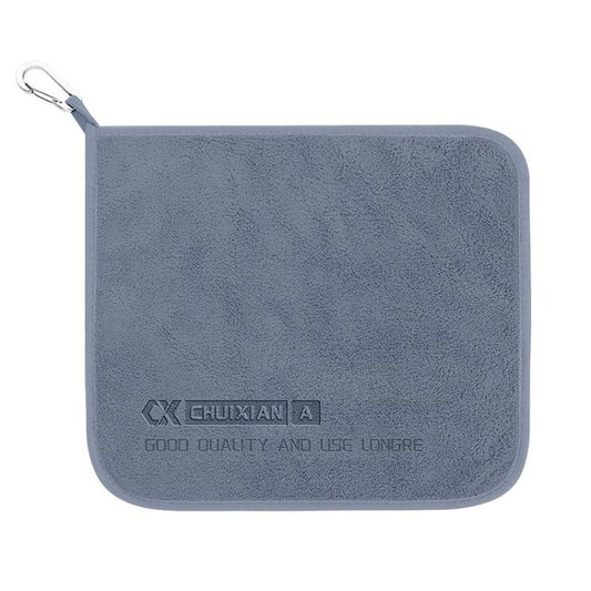 Dark gray microfiber fish handling towel with carabiner clip, rectangular pocket