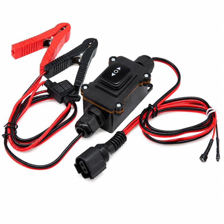 Brake pad reset tester tool kit with black switch module, red/black cables and clamps