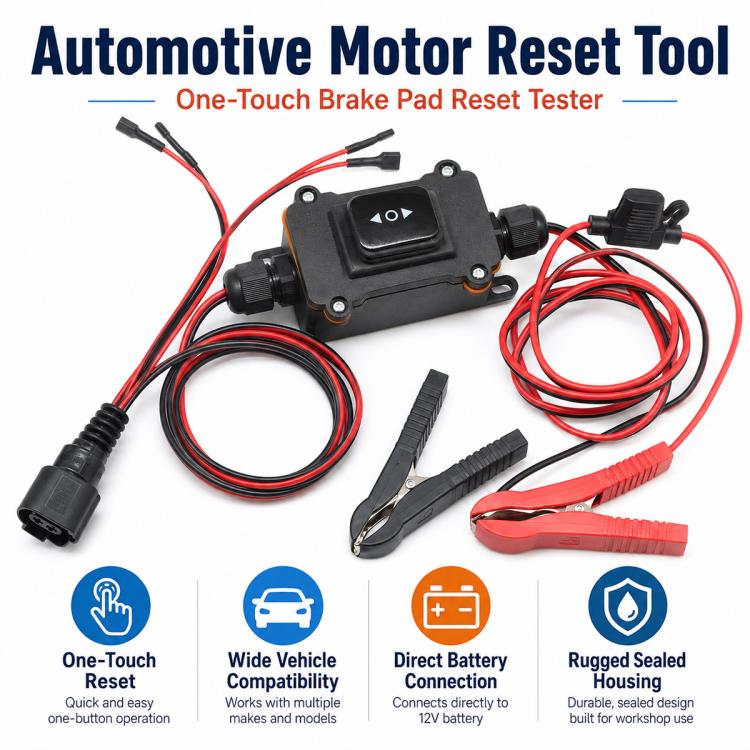 Automotive motor reset tool with black switch box, red/black wiring and battery clamps