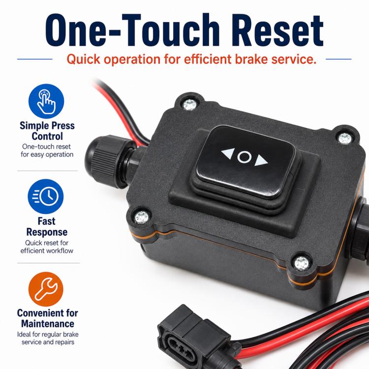 Black brake pad reset switch module with red cable leads and connector plug