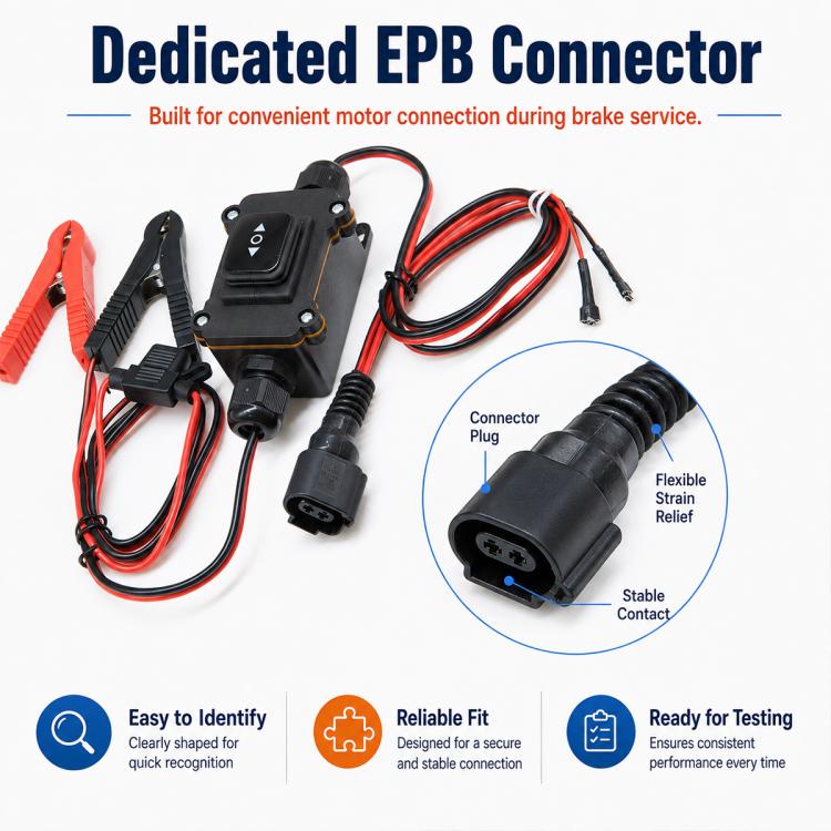 Brake service adjustment tool with black module, EPB connector plug and red jumper clamps