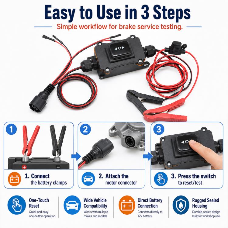 Brake pad reset tester kit with wiring harness, red clamp lead and quick-press switch