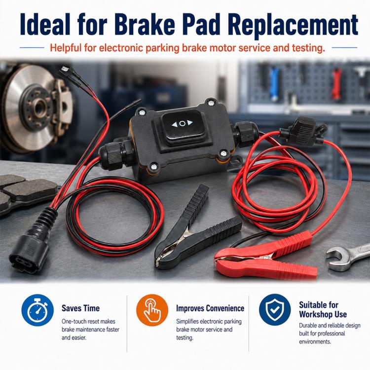 Brake pad replacement reset tool set with black control unit, cables, clamps and wrench