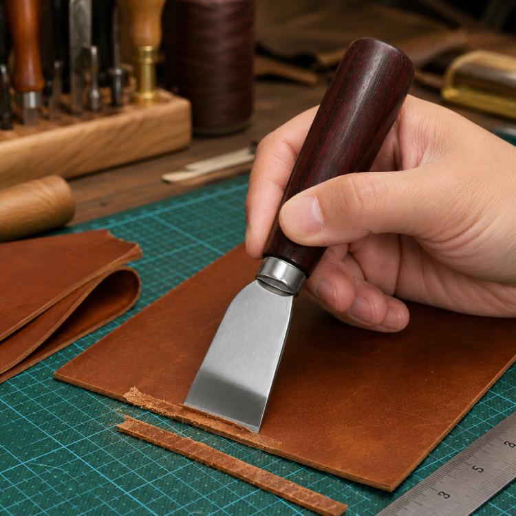 Leather cutter tool with dark wood handle and stainless steel square-edged blade