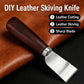 Leather skiving knife with dark wood handle and stainless steel flat cutting blade