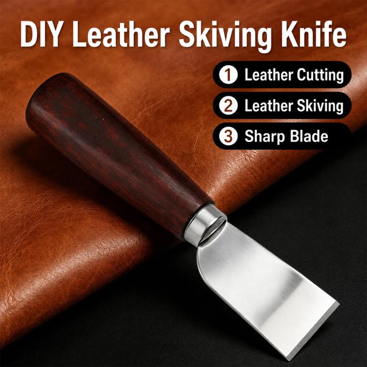 Leather skiving knife with dark wood handle and stainless steel flat cutting blade