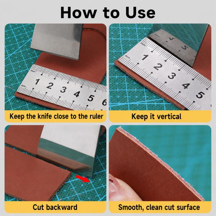 Leather skiving knife cutting along a ruler and smoothing cut surface