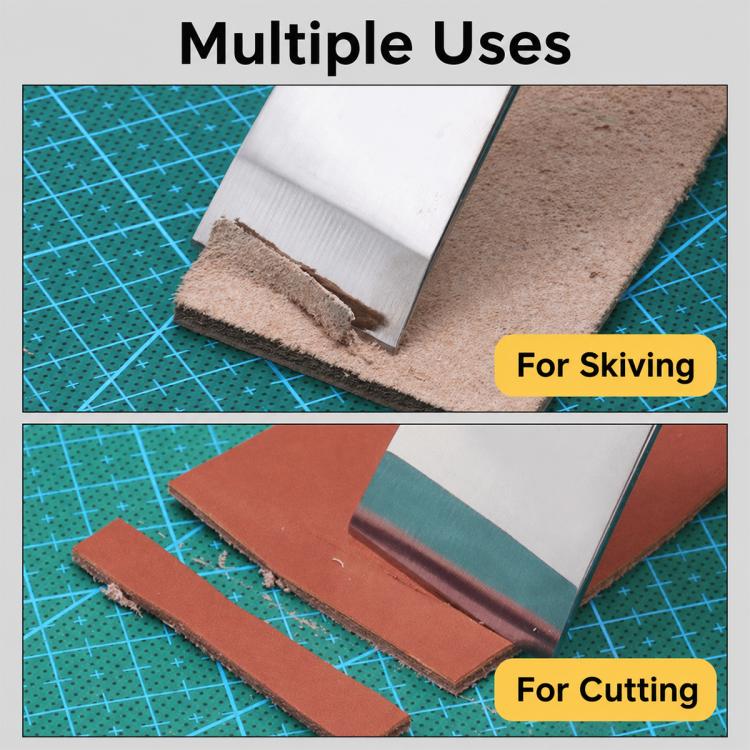 Leather cutter blade shown skiving and cutting different leather pieces